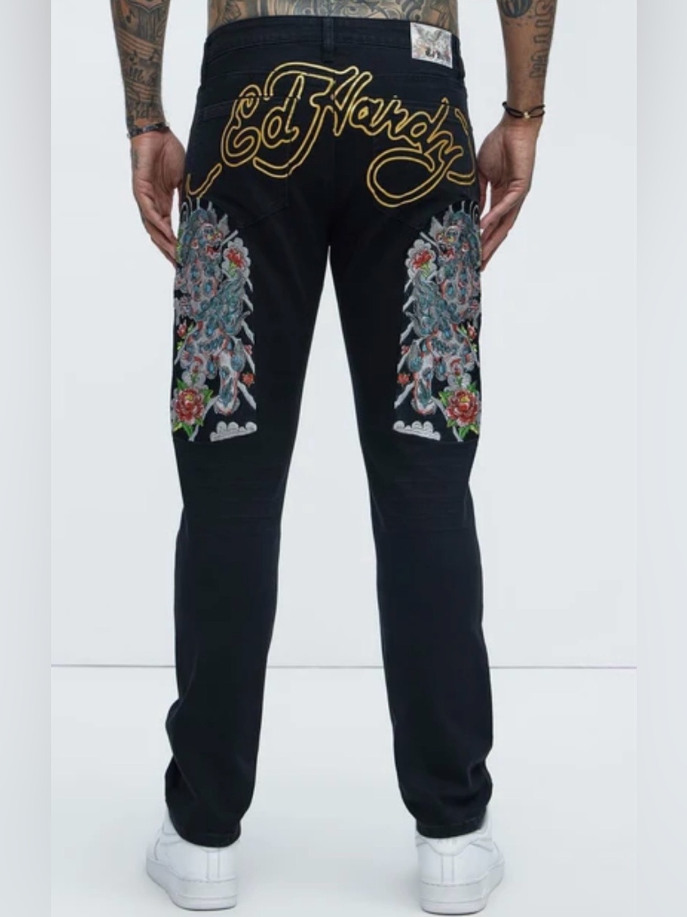 Ed Hardy Y2K Black Denim Jeans Size 38 Gold Signature Japan Lion Embroidery